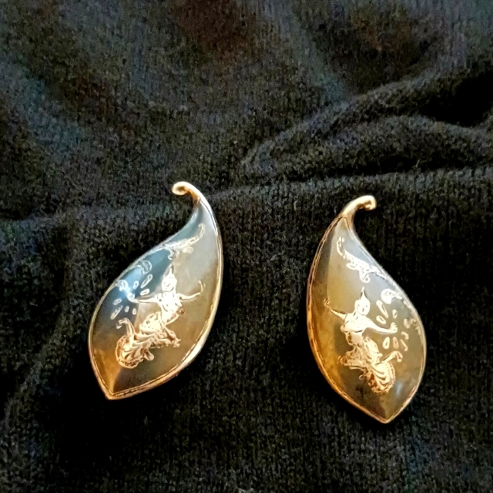Vtg 925 Sterling Silver Siam Dancer Neilloware Clip On Earrings Black Enamel